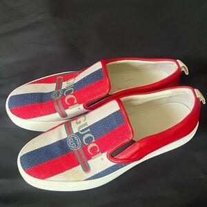 Gucci Red and Blue Canvas Slip-On Shoes